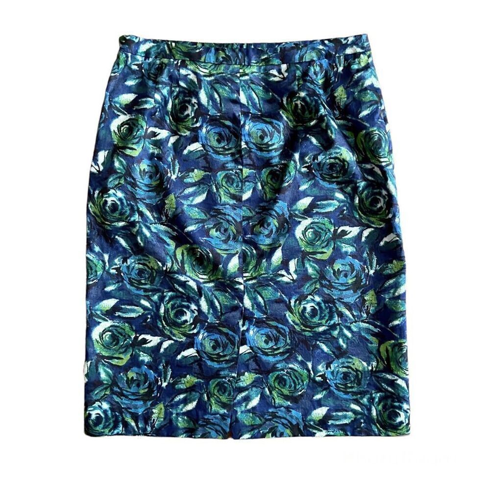 LOFT Ann Taylor Blue Green Floral Roses Pencil Skirt 4